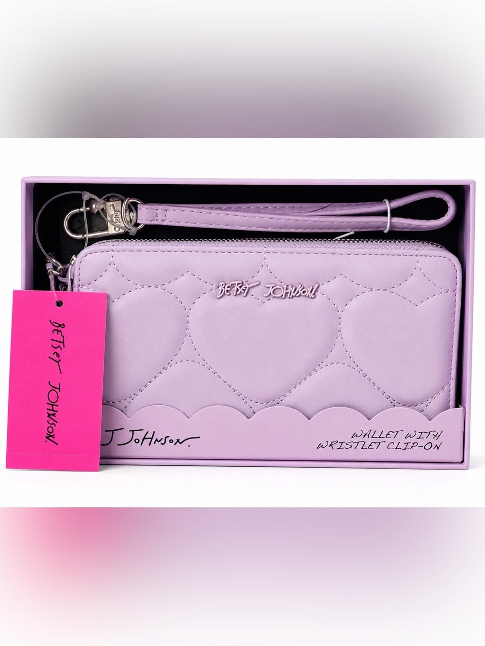 Betsey Johnson NWT Purple Quilted Heart Zip Around Wallet Wristlet Clip-On Boxed
